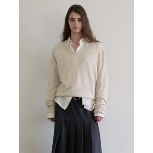LINHOUSE复古米白色V领宽松毛衣薄荷绿灰色简约百搭针织上衣女