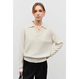 LINHOUSE复古米白色polo长袖套头毛衣秋通勤休闲宽松针织衫上衣女