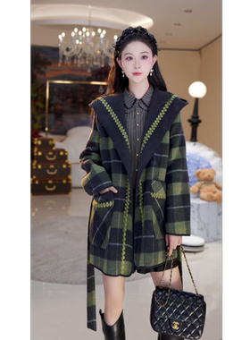 时尚格子刺绣大翻领双面呢大衣小个子版815285+高个子版815315