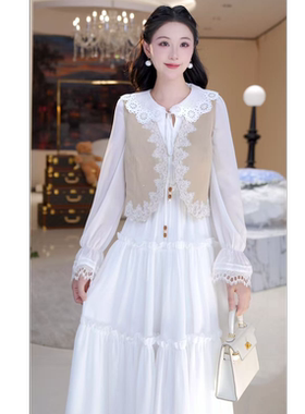 时尚荷叶领细带花边连衣裙马甲套装815090+815093