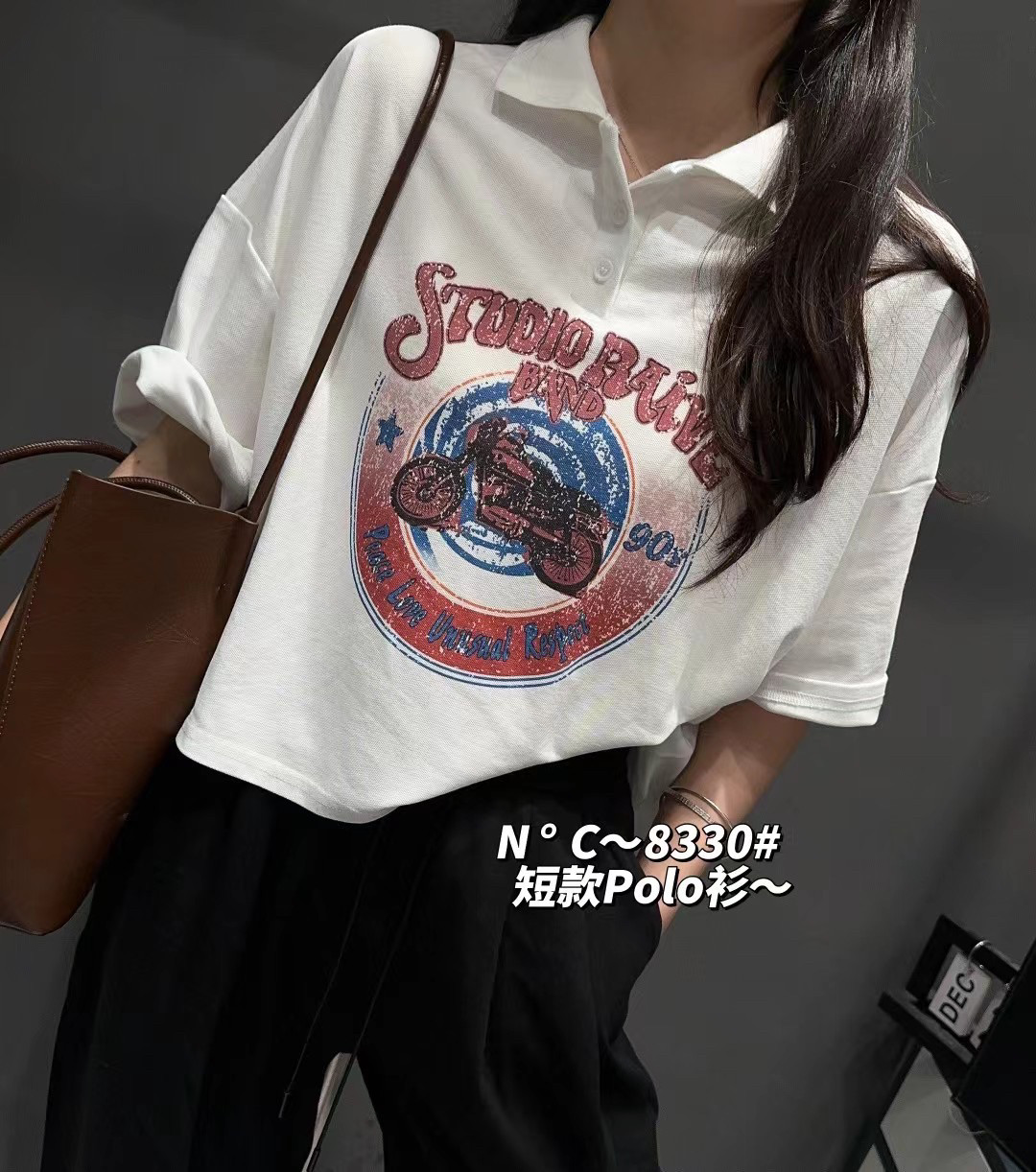 M.C8330 블랙 짧은 옷깃 폴로 셔츠 반팔 티셔츠 여성 2024 여름 신작 대형 루즈 탑