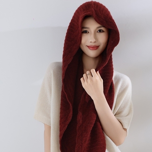 100%纯山羊绒围巾帽子一体针织连帽围脖女秋冬护颈高级感护耳围脖