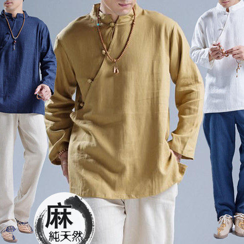 中国风春夏民族风亚麻斜襟盘扣男式禅意茶服旅游休闲长袖上衣衬衫