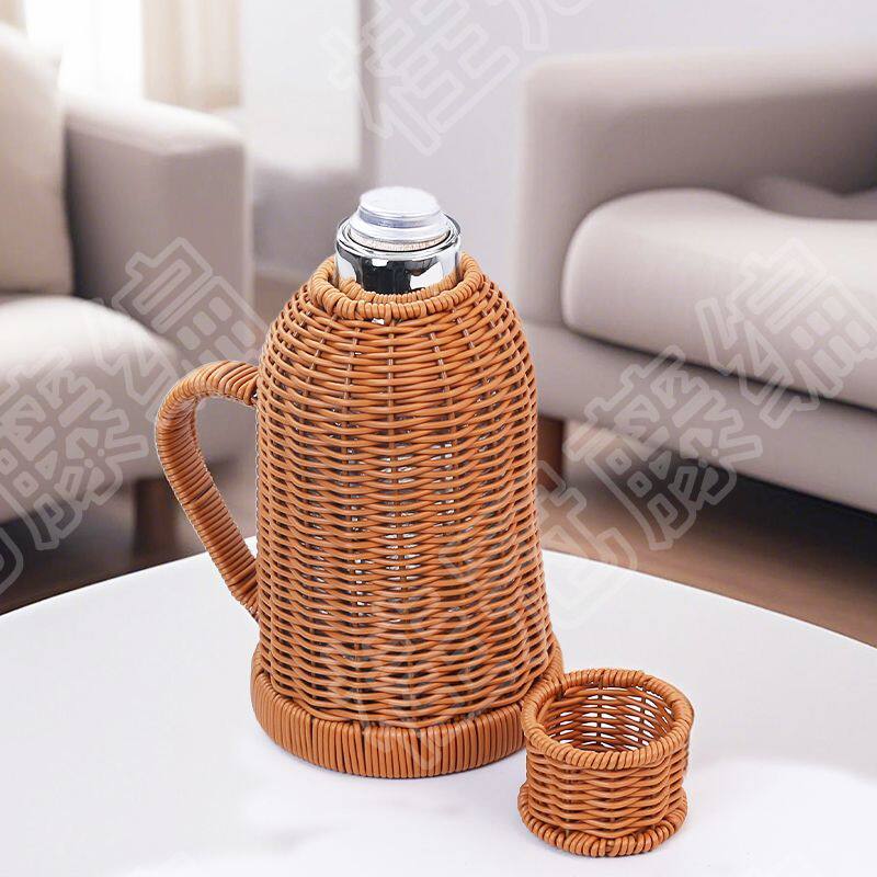 复古保温壶老式木塞仿藤编热水瓶手工编织传统茶室办公室玻璃水壶