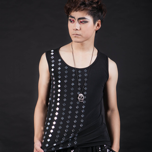 高档夏季 夜店潮男吧男歌手dj主持舞s台演出服镜 亮片背酒心男d汗衫