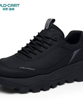 保罗盖帝男鞋春季真皮透气黑色运动鞋子潮男士厚底增高百搭休闲鞋