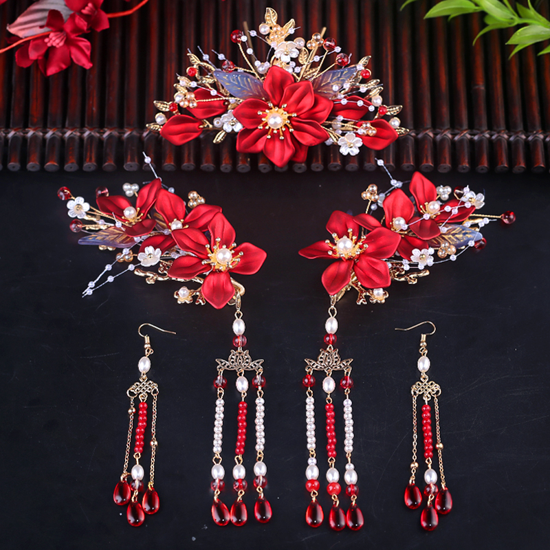 新款红色新娘头饰手工红色花片珍珠边夹发饰敬酒服礼服配饰