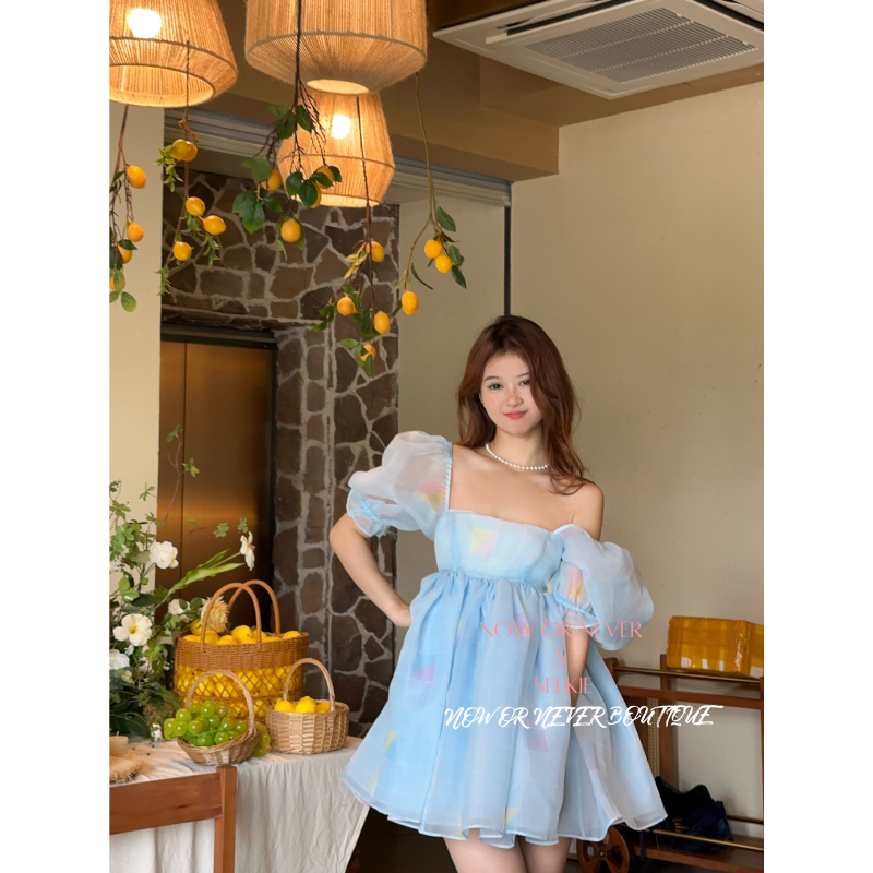 虞书欣同款 新款Selkie经典泡芙裙 蓝底白格子床单印花 品牌授权