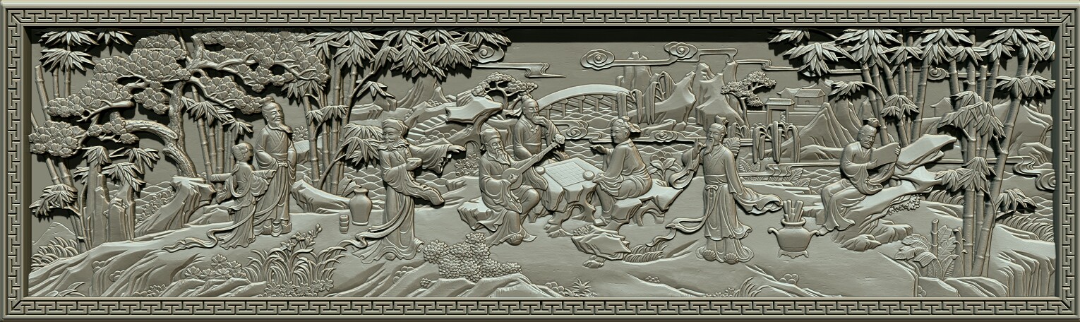 可定做成仿古砖雕挂件实物---竹林七贤 精雕图 扫描图 浮雕图