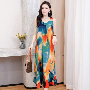 人造棉长裙子遮肉 沙滩裙夏天无袖 新款 2025波西米亚棉绸连衣裙长款