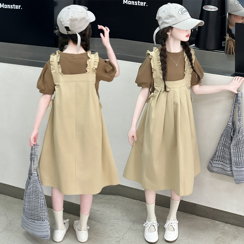 女童背带裙套装套裙夏季3-15岁洋气中大童连衣裙棉布女孩夏天裙子