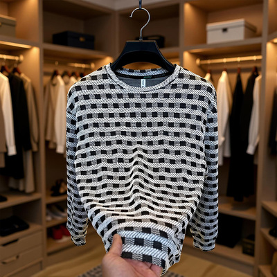 【简欧轻奢】春季上新高档方格男圆领提花潮流百搭时尚春款8801