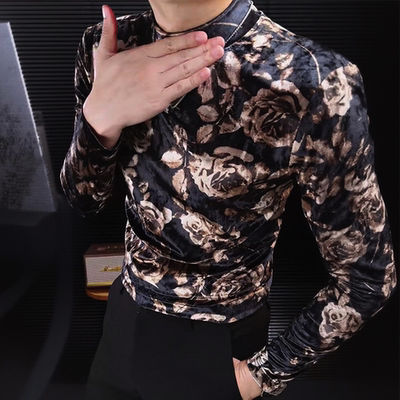 土酷风玫瑰印花长袖t恤男款秋冬半高领打底衫男装年帅气潮牌