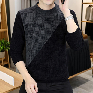 高档圆领撞色拼接加厚毛衣男士冬季时尚潮流针织打底衫男装6662