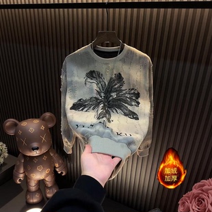 秋冬长袖加绒卫衣新款曼陀罗花朵男款亮闪破洞男上衣爆款轻奢潮流