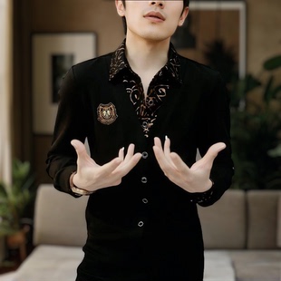 2025春季虎纹假两件男士长袖轻奢时尚休闲潮流修身商务帅气