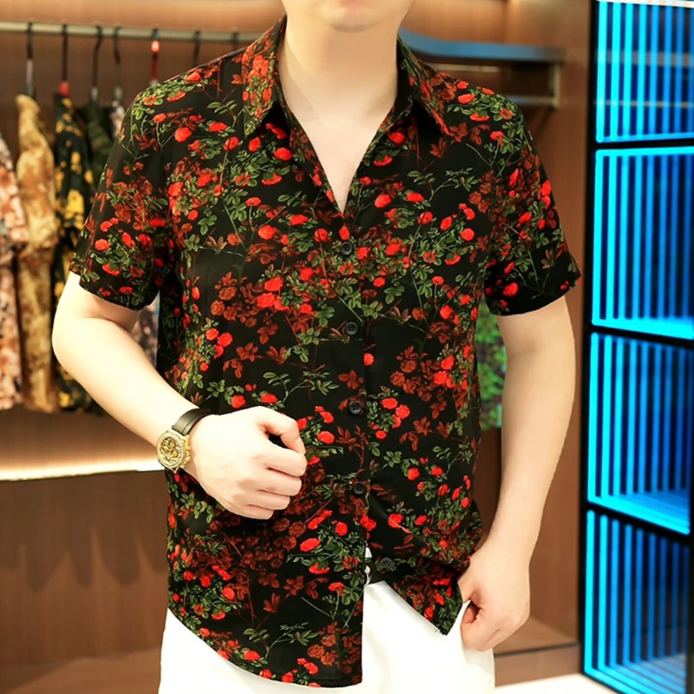 夏季碎花冰丝高级感男装短袖薄款衬衣痞帅休闲透气垂感宽松衬衫