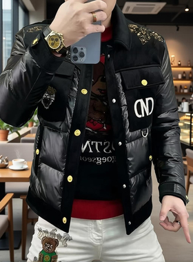 欧版男士高端刺绣亮片翻领羽绒服8750百搭帅气时尚外套高端