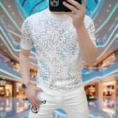 2025轻奢欧货针织冰丝短袖 印花上衣潮039 半袖 t恤男士 圆领针织夏季