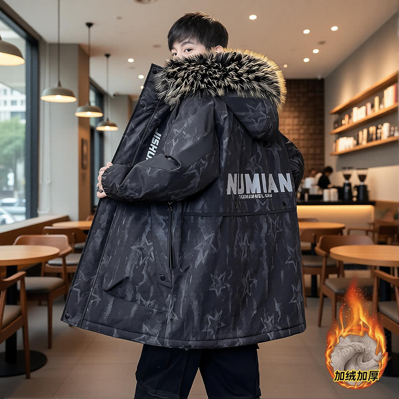 男士中长款外套冬季加绒加厚保暖连帽大毛领棉服休闲印花冬装上衣