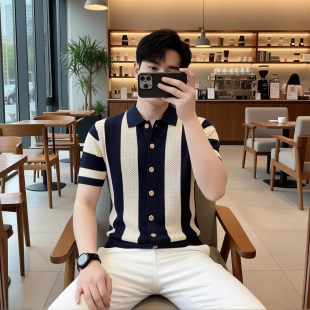 夏季男士翻领条纹镂空短袖T恤开衫时尚百搭轻奢半袖男装G6001