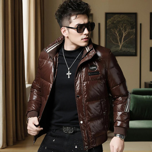 欧洲站高端时尚刺绣亮面羽绒服男款冬季潮流立领白鸭绒休闲羽绒服