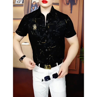 《金纹佛爷》2025夏衬衫商务时尚个性男士休闲百搭潮流修身翻领