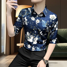 七分袖花衬衫男款爆款2025新款英伦雅痞风格男装休闲印花男士衬衣