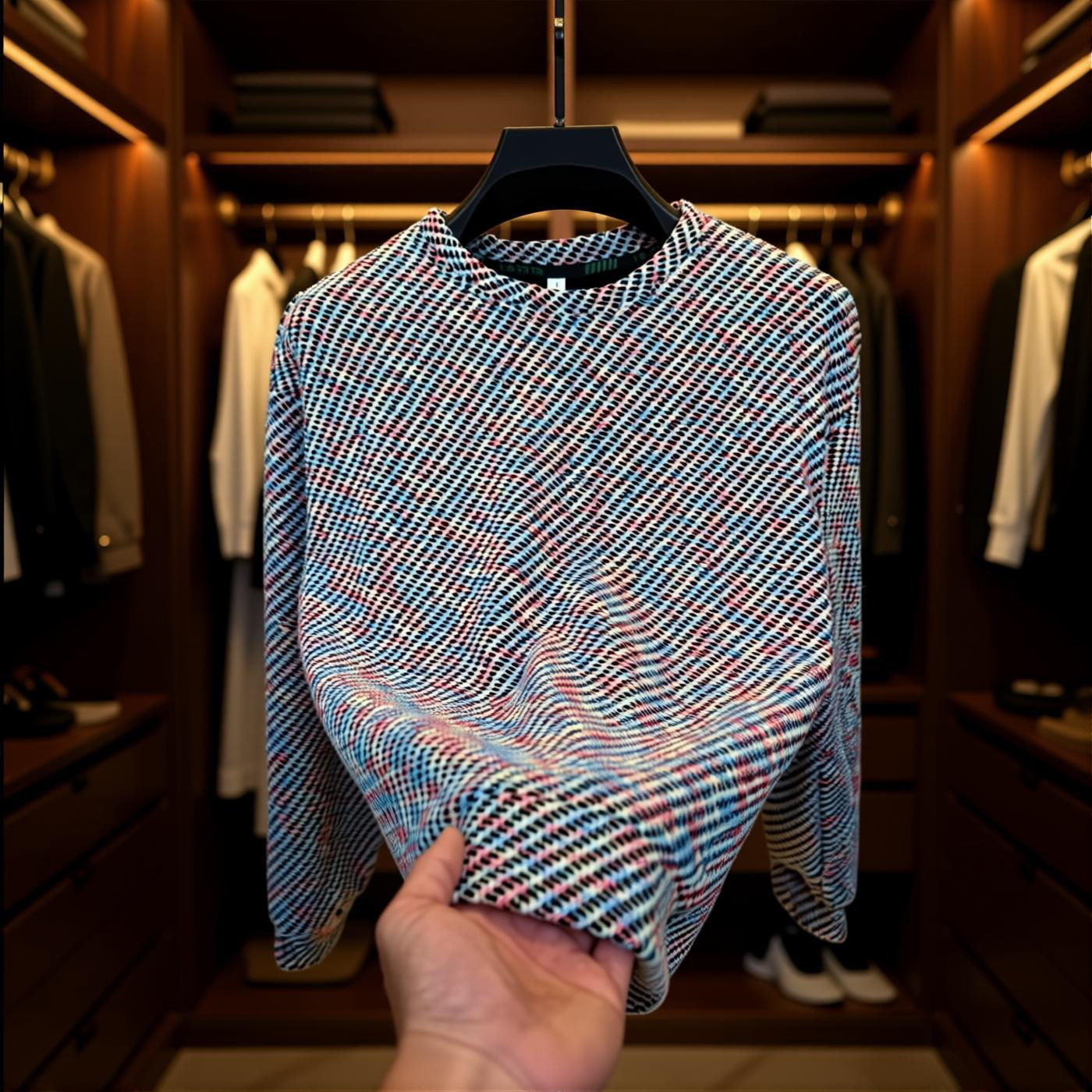 欧洲站2025圆领保暖卫衣男轻奢潮牌拼色条纹T恤打底衫加厚长袖