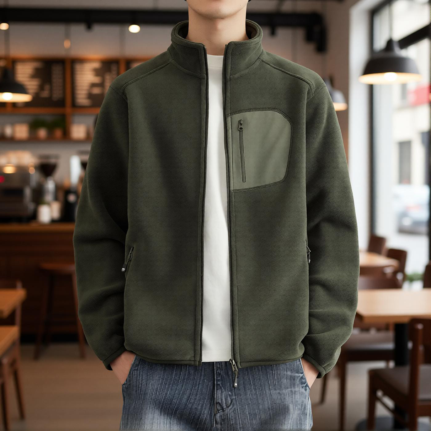 摇粒绒夹克男秋冬季美式宽松贴布立领绒感外套青少年抓绒开衫上衣