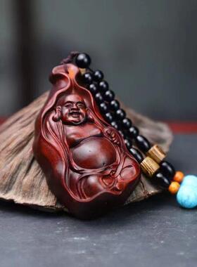 小叶紫檀手把件招财弥勒佛木雕刻男士随身件汽车挂件饰品一团和气