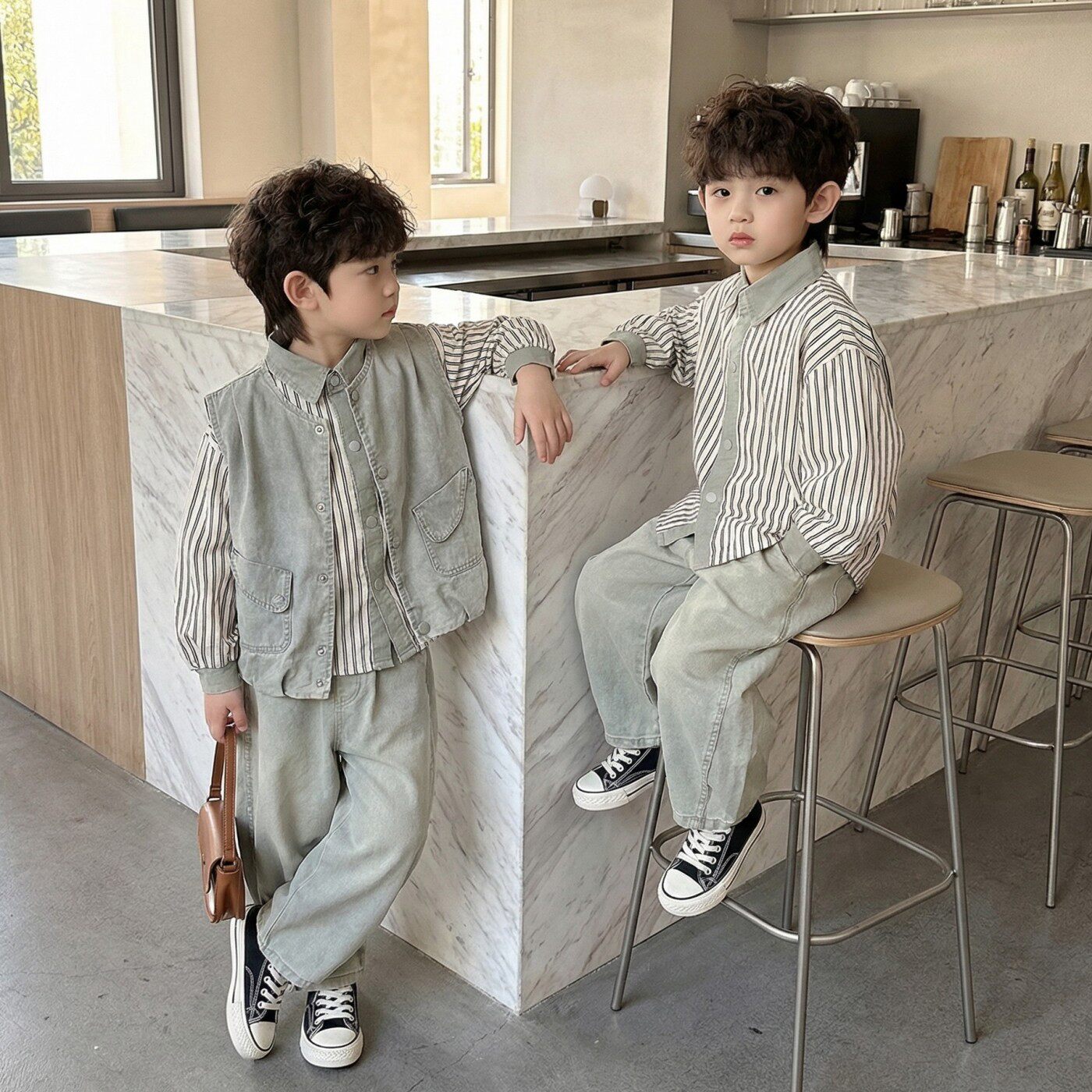 男童春秋季套装2026新款儿童酷帅条纹衬衫马甲三件套男孩宝宝衣服