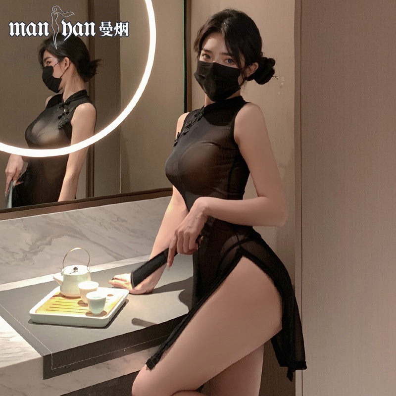 曼烟内衣性感盘口露肩高腰开叉旗袍制服套装9682