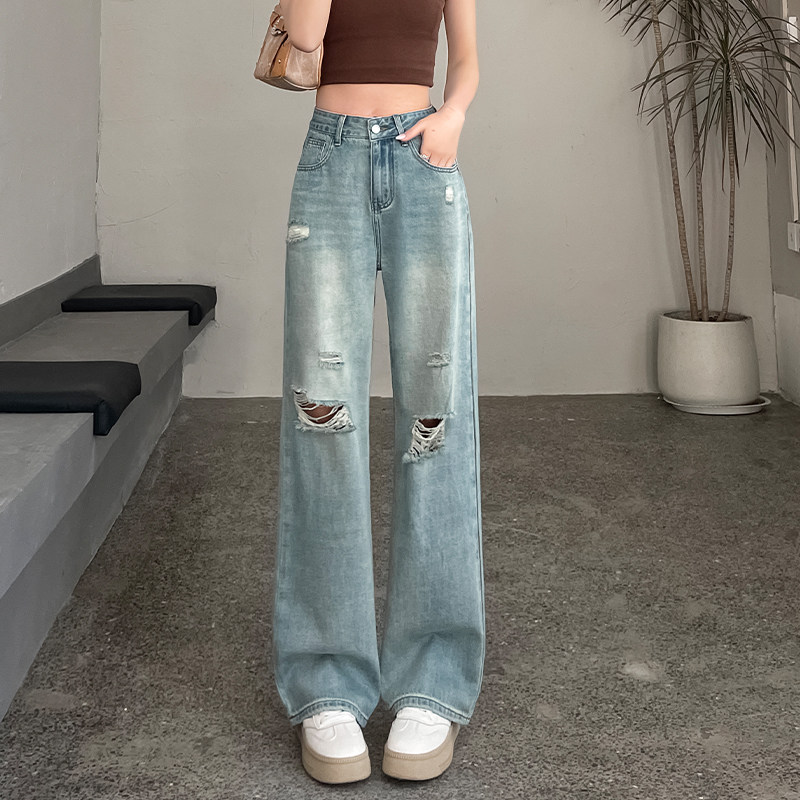 2026春夏薄款破洞牛仔裤女宽松显瘦阔腿裤韩版九分大码高腰直筒裤