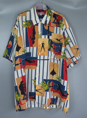 Vintage 古着正品中古80年代黄蓝色剪影条纹前短后长沙滩短袖衬衫