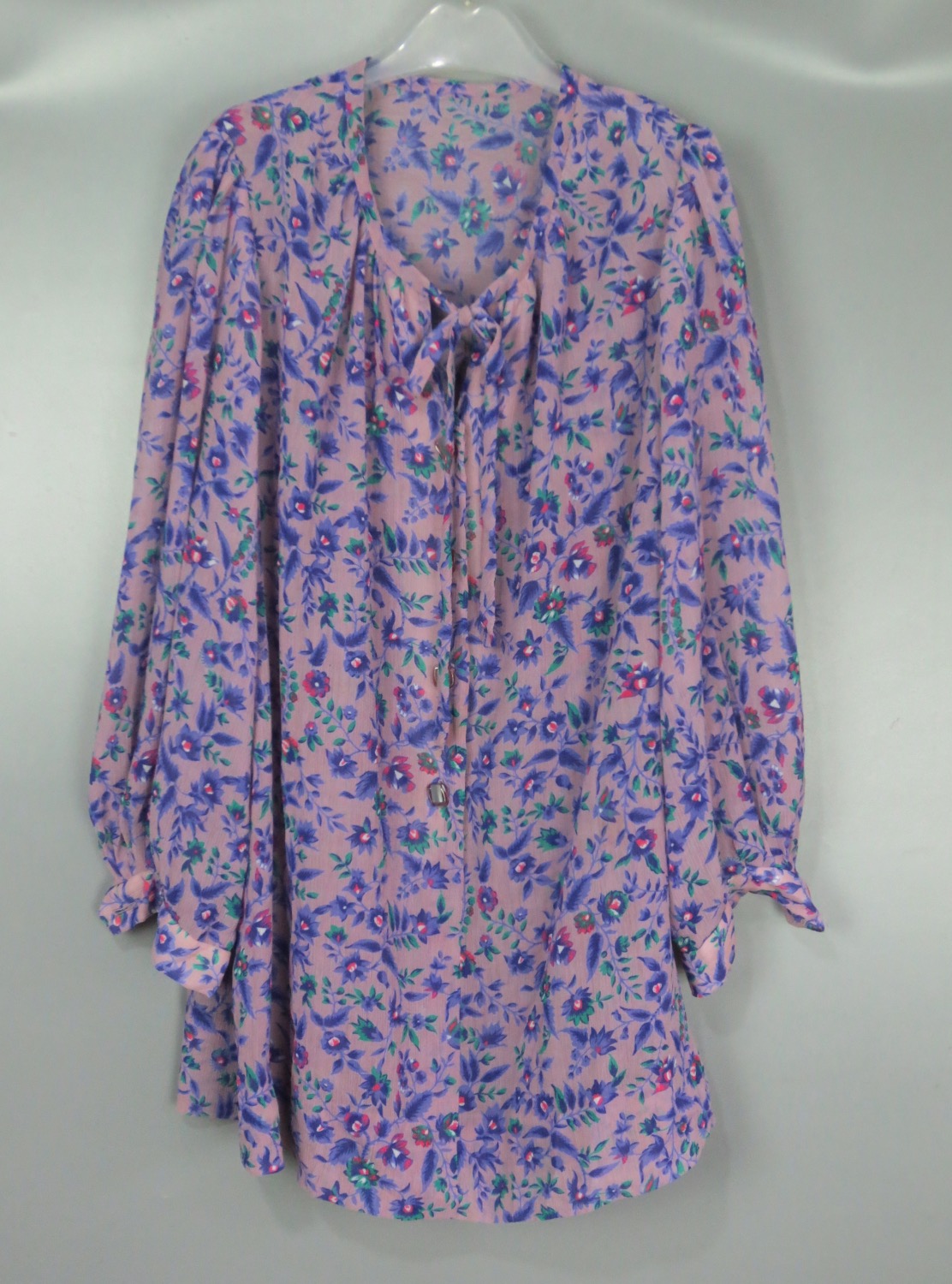 Vintage 古着正品中古90年代田园风女款紫色小碎花系带七分袖衬衫