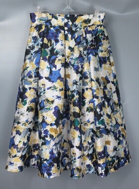 Vintage古着正品中古90s日本亮面白紫色大花松紧高腰中长款半身裙