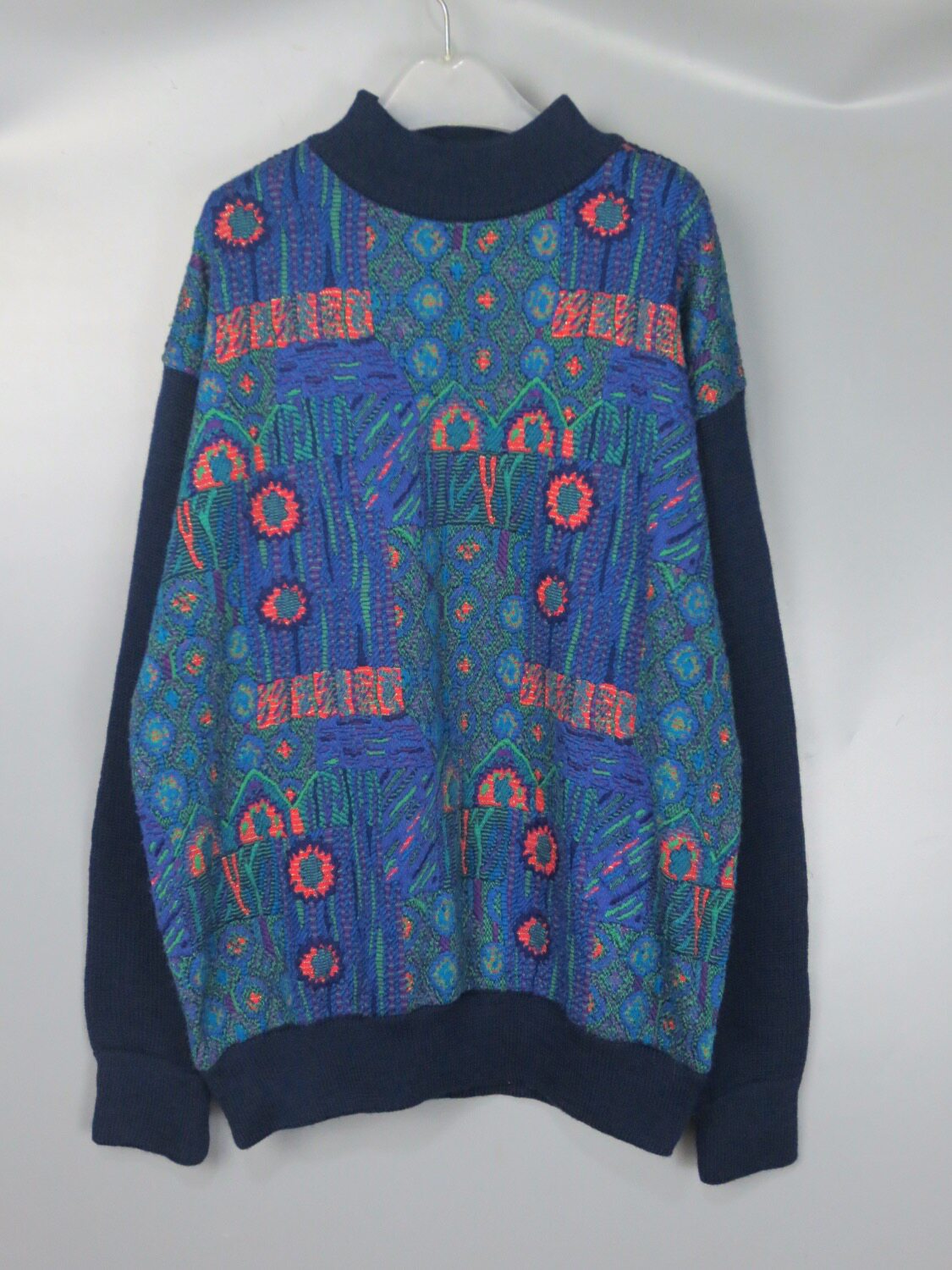 Vintage 古着正品中古90s日本蓝色抽象提花钩花针织衫纯羊毛毛衣