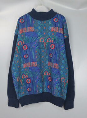 Vintage 古着正品中古90s日本蓝色抽象提花钩花针织衫纯羊毛毛衣