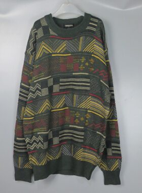 Vintage 古着中古90s日本绿黄撞色几何图形针织衫羊毛毛衣