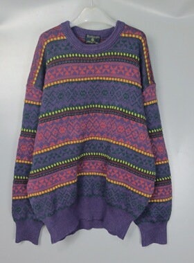 Vintage 古着正品中古90s日本紫色苦瓜纹几何波普学院纯羊毛毛衣