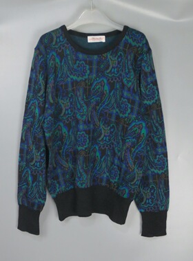 Vintage 古着正品中古日本90年代蓝色花色几何钩花短款羊毛毛衣