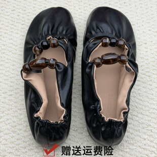 法式串珠蛋卷平底鞋女百搭褶皱芭蕾舞鞋新款高腰字松紧腰韩版休闲