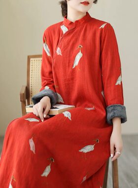 【组合链接】秋冬中式连衣裙加绒加厚宽松文艺斜襟印花气质改良旗