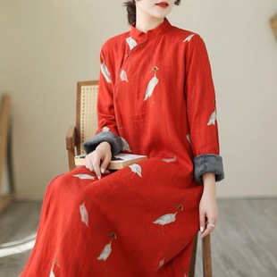 连衣裙加绒加厚宽松文艺斜襟印花气质改良旗 秋冬中式 组合链接