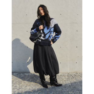 花苞裙 复古高腰A字毛呢半身裙女黑色百搭中长款 洛边 原创设计师款