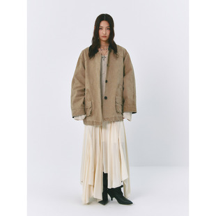 洛边 复古巴恩风撞色翻领上衣外套女宽松廓形夹克 原创设计师款