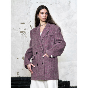 外套女中长款 高级感紫色双面呢西装 毛呢双排扣大衣 雾绯 洛边