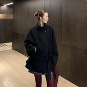 100绵羊毛黑色毛呢系带外套短款 洛边 玄鸟 秋冬上衣百搭宽松女