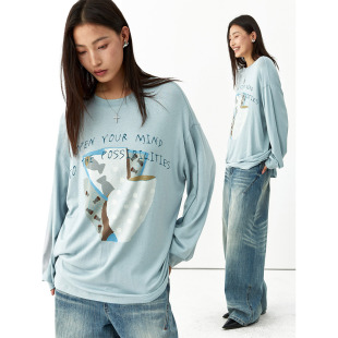 T恤卡通印花宽松落肩上衣 复古慵懒风长袖 洛边 原创设计师款